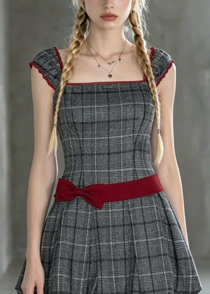 New Grey Square Collar Plaid Bow Cotton Mini Dresses Summer