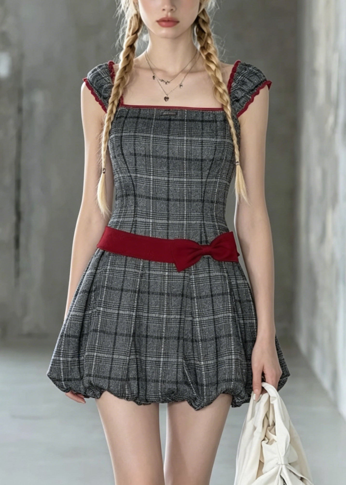 New Grey Square Collar Plaid Bow Cotton Mini Dresses Summer