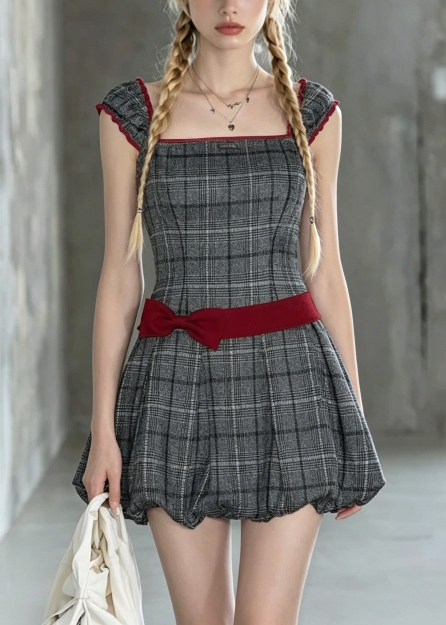 New Grey Square Collar Plaid Bow Cotton Mini Dresses Summer