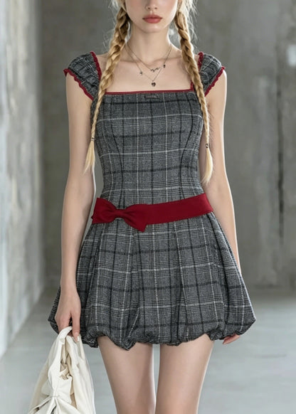 New Grey Square Collar Plaid Bow Cotton Mini Dresses Summer