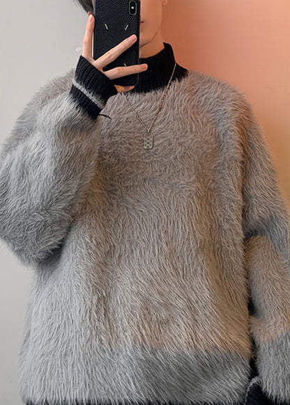 New Grey Turtleneck Patchwork Mink Velvet Sweaters Men Winter