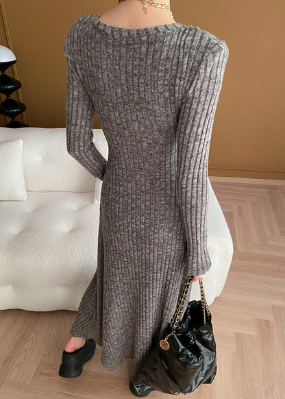 New Grey V Neck Button Cotton Knit Sweater Dress Long Sleeve