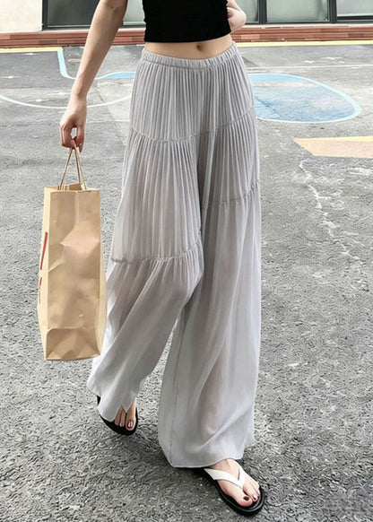 New Grey Wrinkled Patchwork Elastic Waist Chiffon Pants Summer