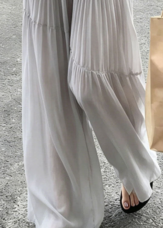 New Grey Wrinkled Patchwork Elastic Waist Chiffon Pants Summer