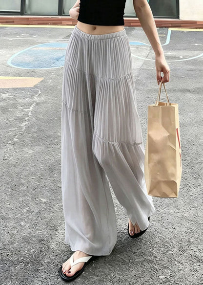 New Grey Wrinkled Patchwork Elastic Waist Chiffon Pants Summer