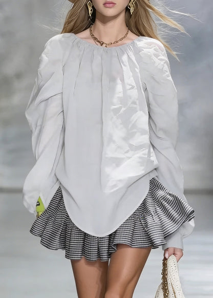 New Grey Wrinkled Solid Cotton Shirt Tops Spring