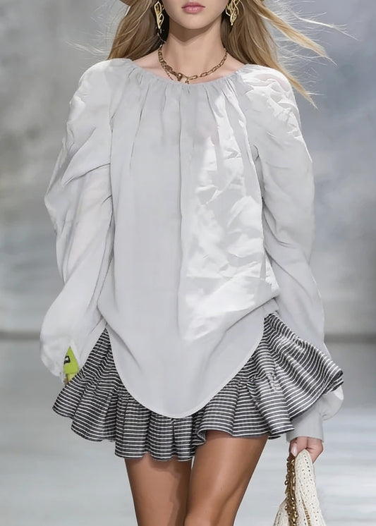 New Grey Wrinkled Solid Cotton Shirt Tops Spring