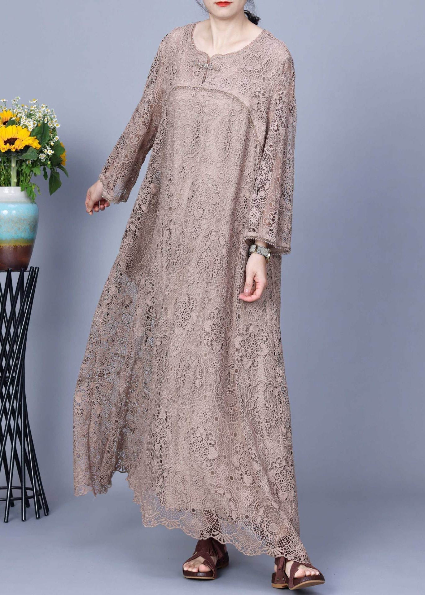 New Khaki Button Pockets Patchwork Lace Dresses Long Sleeve