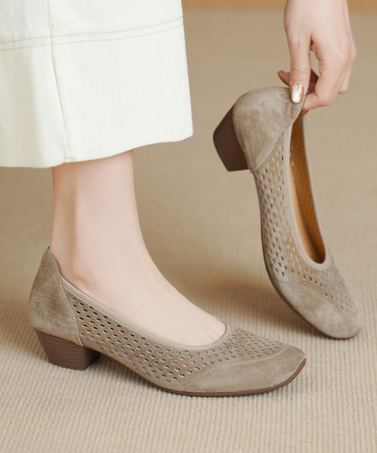 New Khaki Chunky Shoes Suede Comfy Splicing Hollow Out