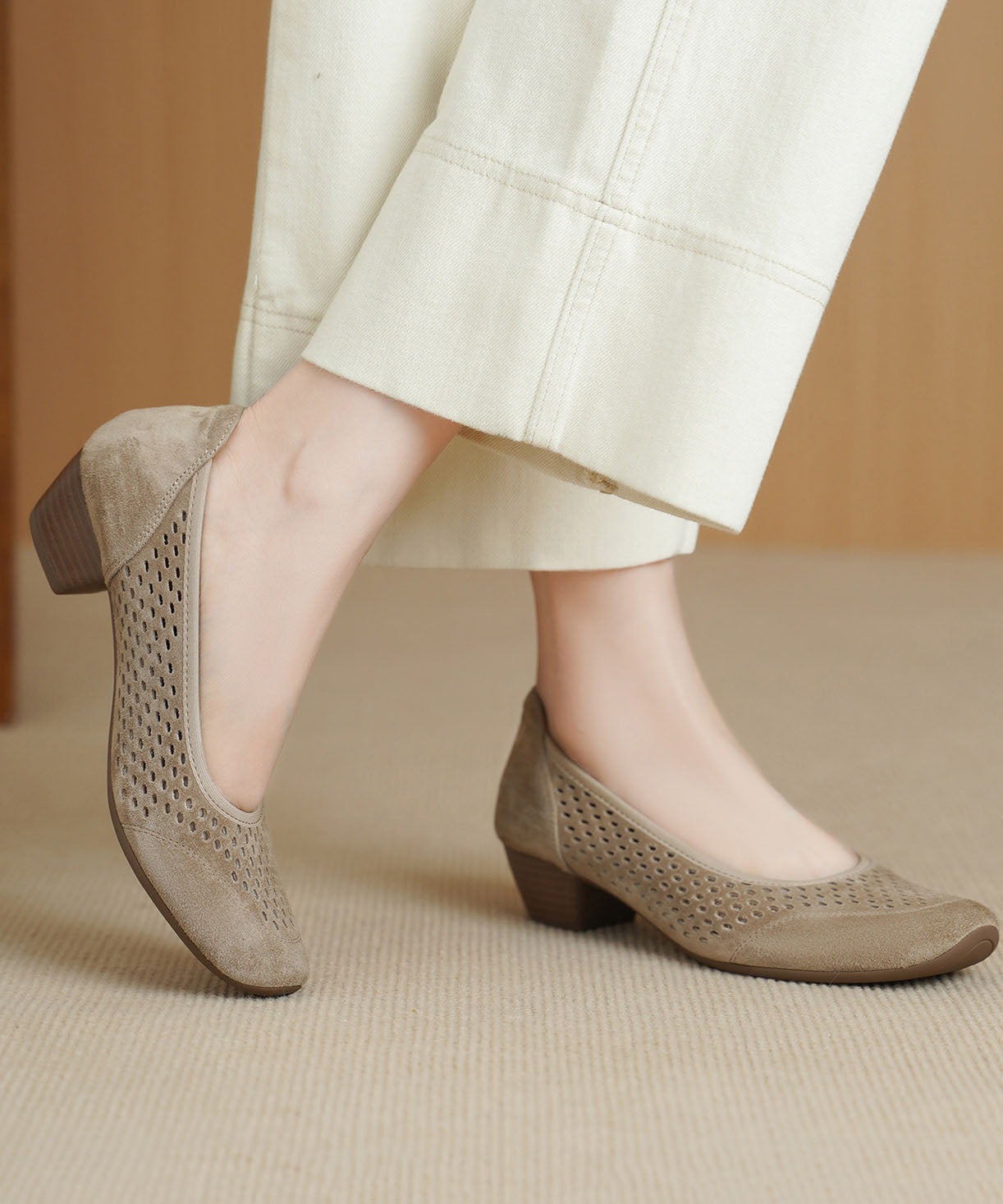 New Khaki Chunky Shoes Suede Comfy Splicing Hollow Out