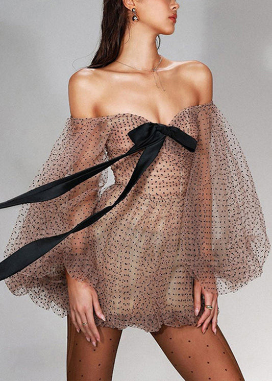 New Khaki Dot Cold Shoulder Tulle Mini Dresses Lantern Sleeve