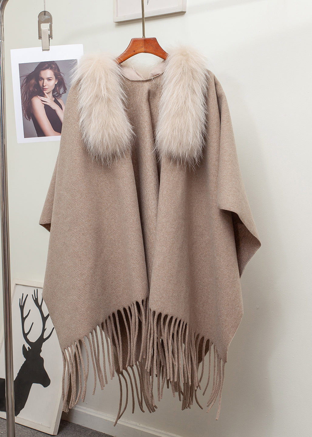 New Khaki Fur Collar Tasseled Patchwork Knit Cape Cardigan Winter