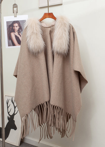 New Khaki Fur Collar Tasseled Patchwork Knit Cape Cardigan Winter