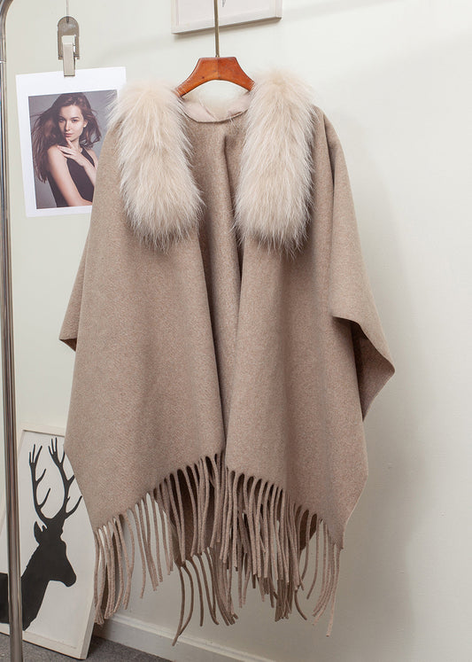 New Khaki Fur Collar Tasseled Patchwork Knit Cape Cardigan Winter