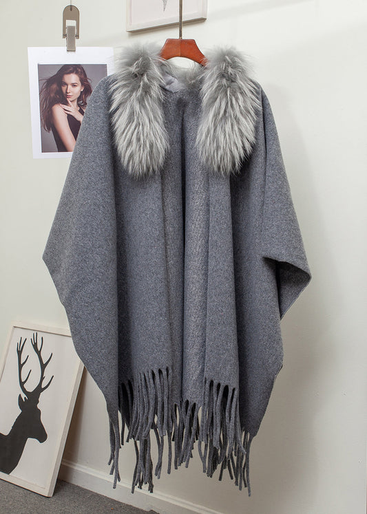 New Khaki Fur Collar Tasseled Patchwork Knit Cape Cardigan Winter