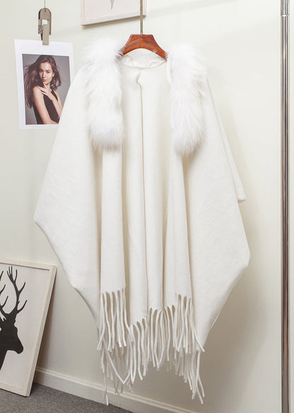 New Khaki Fur Collar Tasseled Patchwork Knit Cape Cardigan Winter