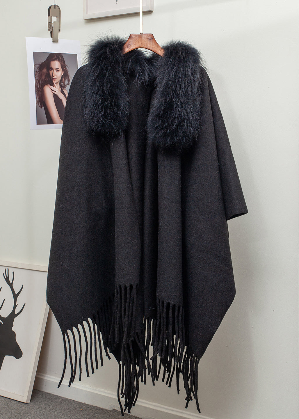 New Khaki Fur Collar Tasseled Patchwork Knit Cape Cardigan Winter