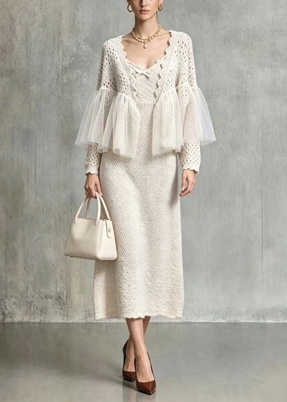 New Khaki Hollow Out Tulle Patchwork Knit Two Pieces Set Fall