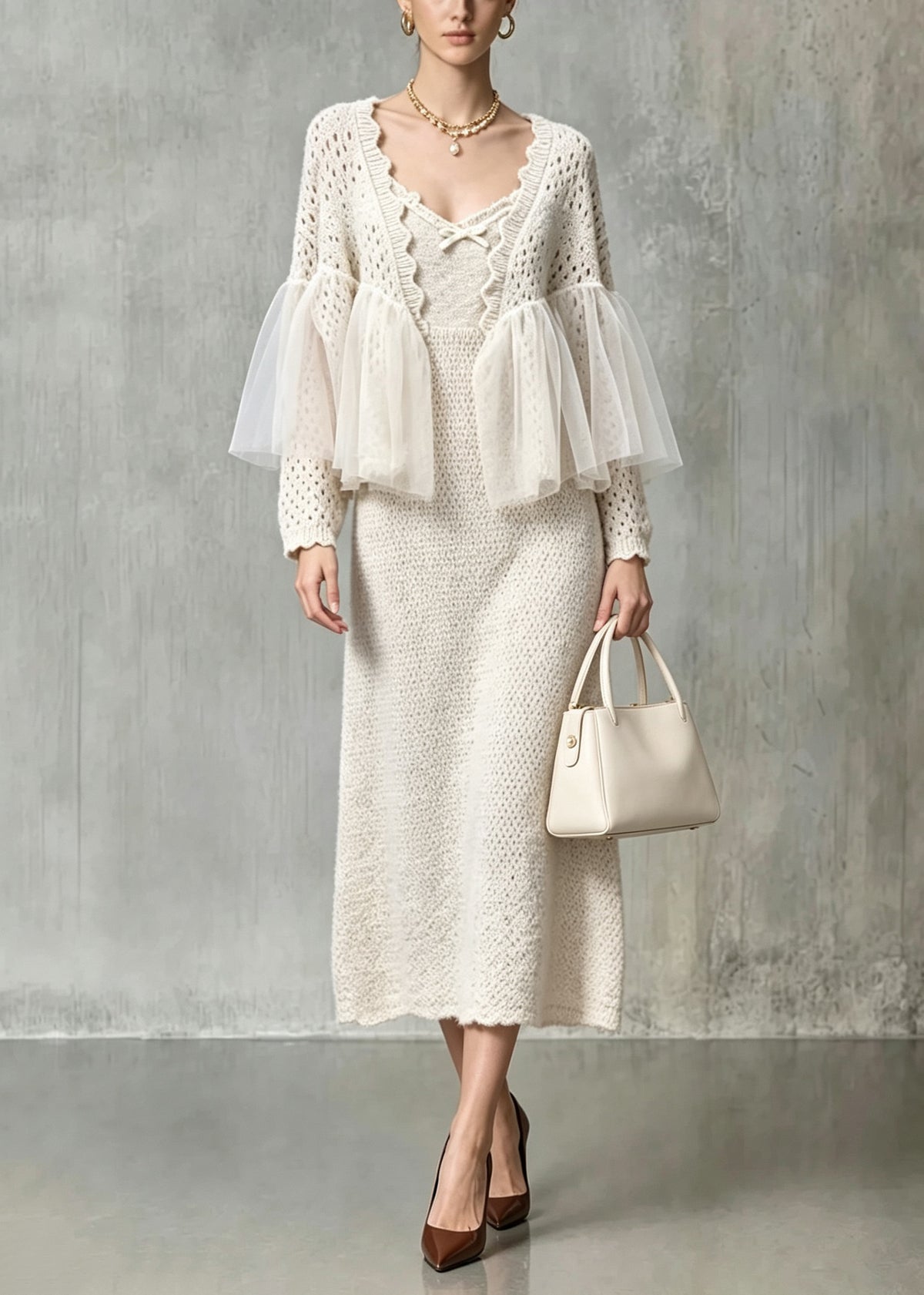 New Khaki Hollow Out Tulle Patchwork Knit Two Pieces Set Fall