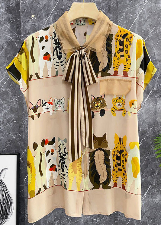 New Khaki Lace Up Button Print Chiffon Blouses Summer