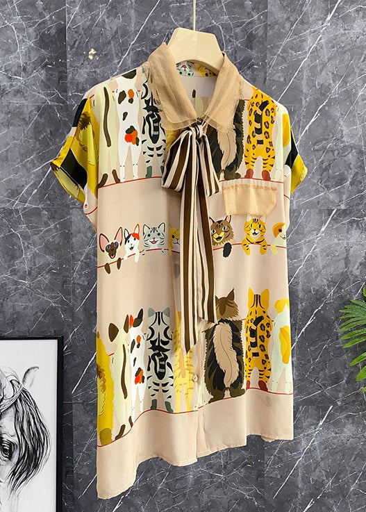 New Khaki Lace Up Button Print Chiffon Blouses Summer