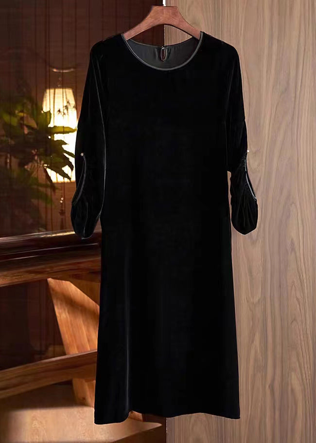 New Khaki O Neck Patchwork Silk Velour Dress Lantern Sleeve