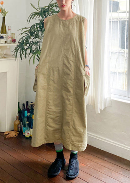 New Khaki O Neck Pockets Cotton Long Dress Sleeveless