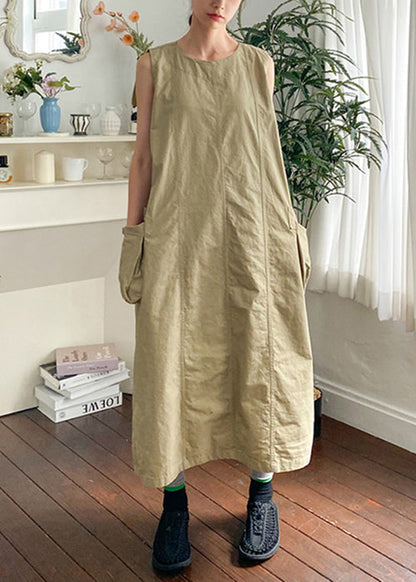 New Khaki O Neck Pockets Cotton Long Dress Sleeveless