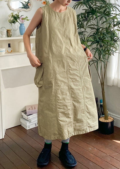 New Khaki O Neck Pockets Cotton Long Dress Sleeveless