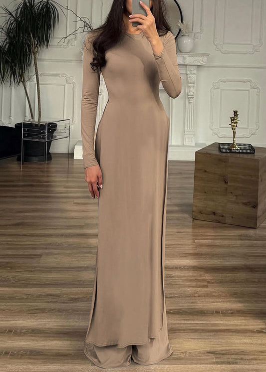 New Khaki O Neck Side Open Cotton Two-Piece Set Spring