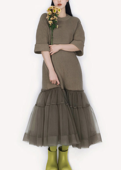 New Khaki O Neck Tulle Patchwork Knitted Cotton Dress Half Sleeve