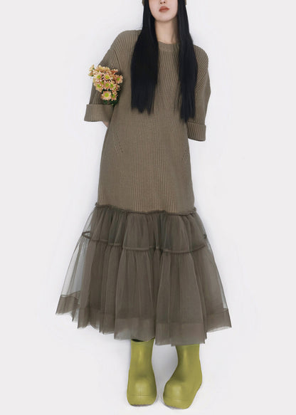 New Khaki O Neck Tulle Patchwork Knitted Cotton Dress Half Sleeve