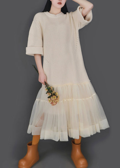 New Khaki O Neck Tulle Patchwork Knitted Cotton Dress Half Sleeve