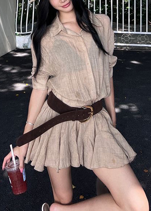 New Khaki Peter Pan Collar Button Cotton Mini Dresses Summer