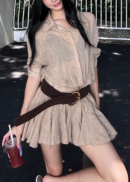 New Khaki Peter Pan Collar Button Cotton Mini Dresses Summer