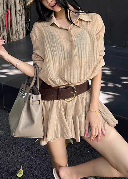 New Khaki Peter Pan Collar Button Cotton Mini Dresses Summer