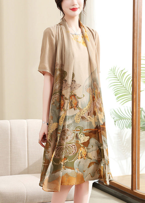 New Khaki Print False Two Pieces Chiffon Dress Summer