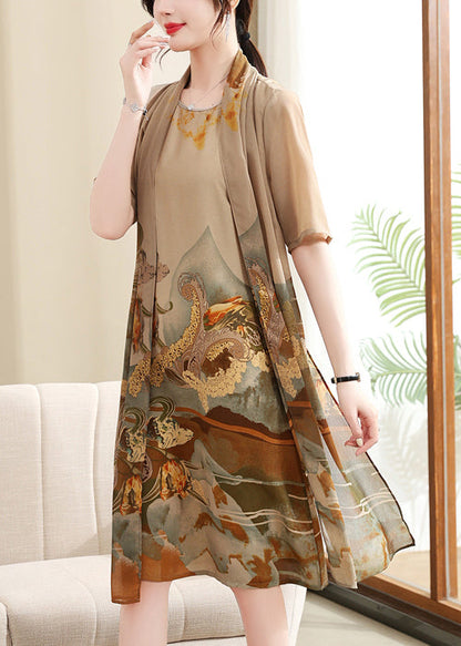 New Khaki Print False Two Pieces Chiffon Dress Summer