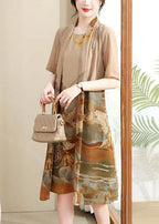 New Khaki Print False Two Pieces Chiffon Dress Summer