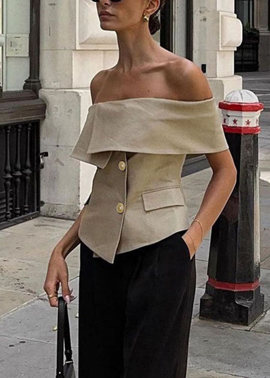 New Khaki Slash Neck Cold Shoulder Button Cotton Top Summer