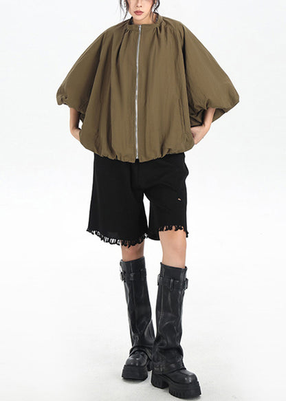 New Khaki Zip Up Pockets Patchwork Cotton Jacket Flower Bud Sleeve