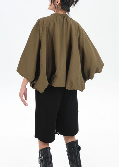 New Khaki Zip Up Pockets Patchwork Cotton Jacket Flower Bud Sleeve