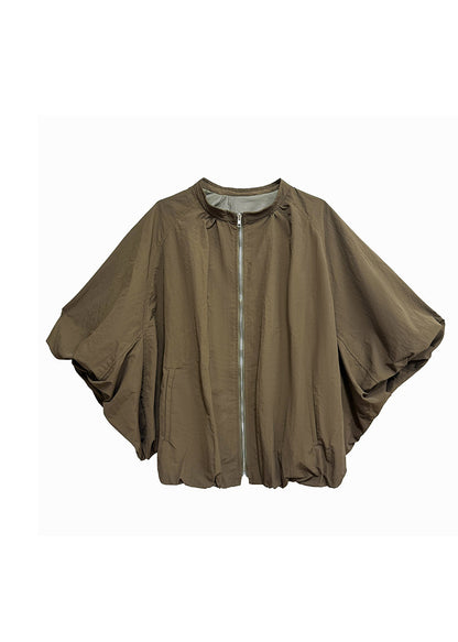 New Khaki Zip Up Pockets Patchwork Cotton Jacket Flower Bud Sleeve