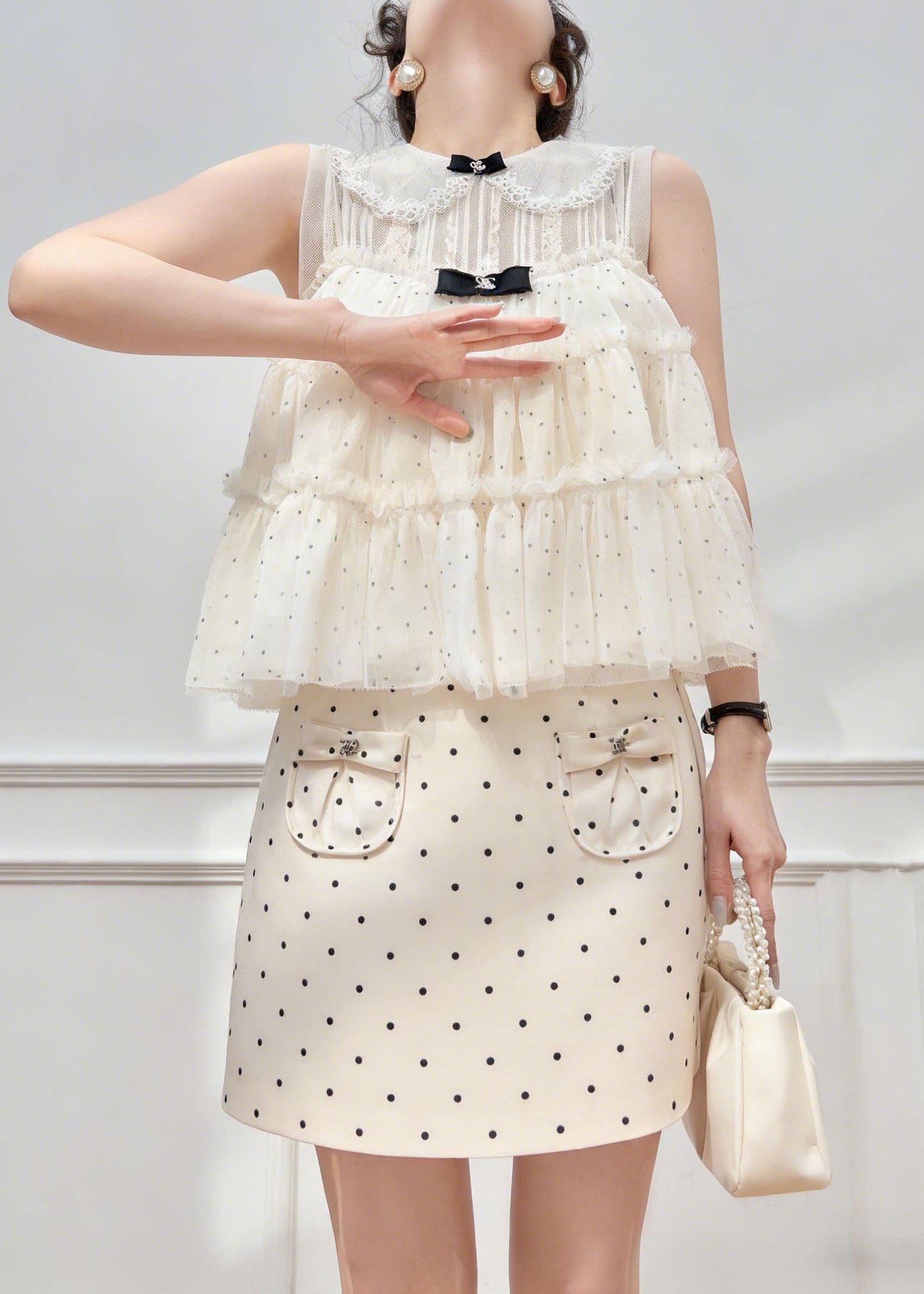New Lace Patchwork Dot Spaghetti Strap Camisole And Skirts Summer Three Piece Set
