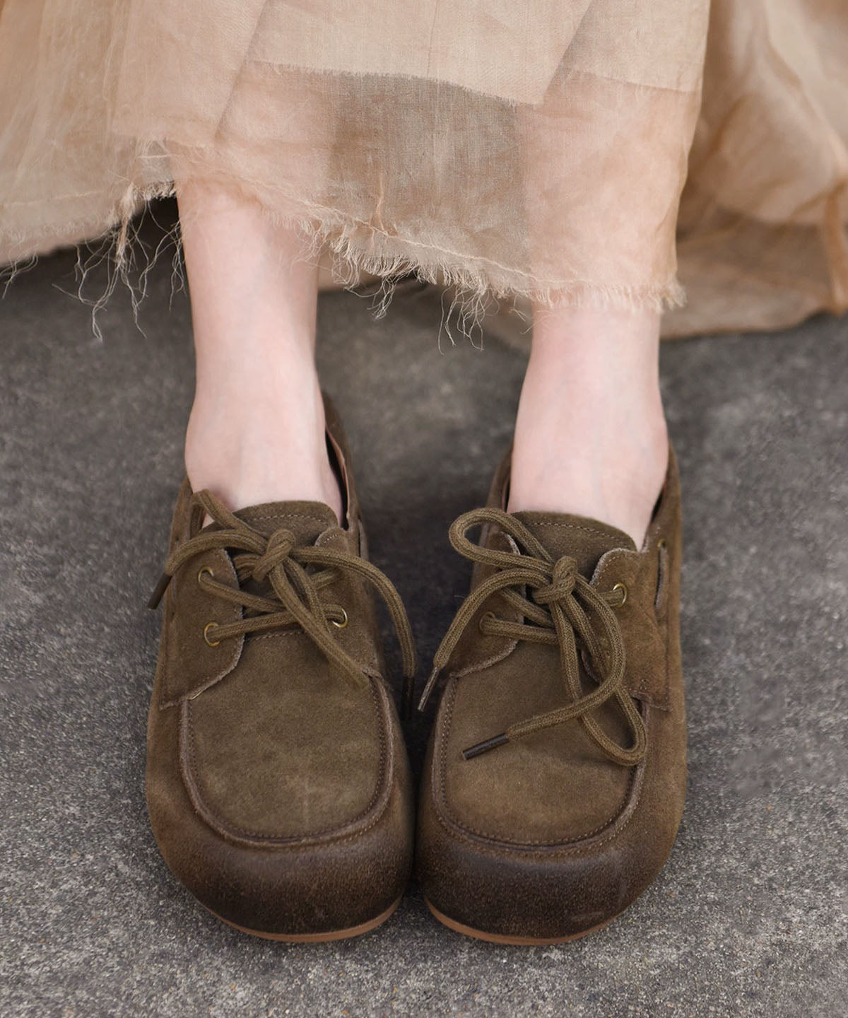 New Lace Up Splicing Platform Loafers For Women Khaki Suede