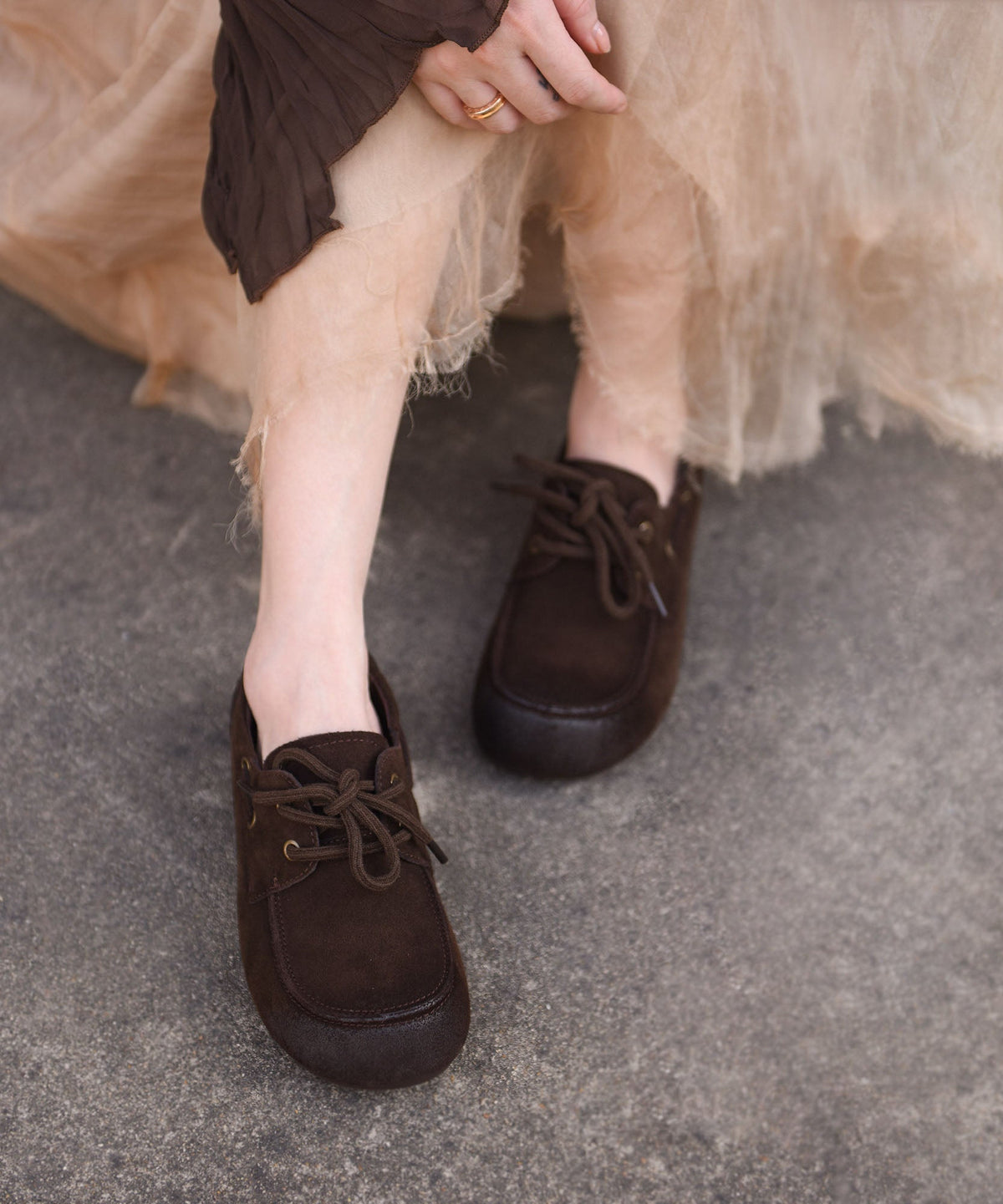 New Lace Up Splicing Platform Loafers For Women Khaki Suede
