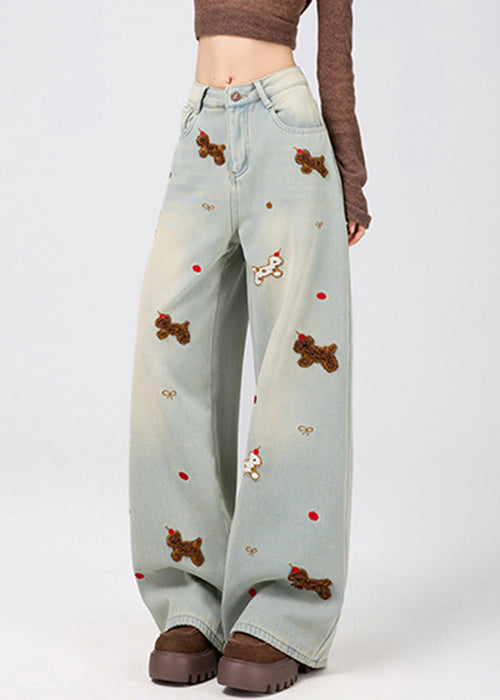 New Light Blue Animal Pockets Warm Fleece Denim Wide Leg Pants Spring
