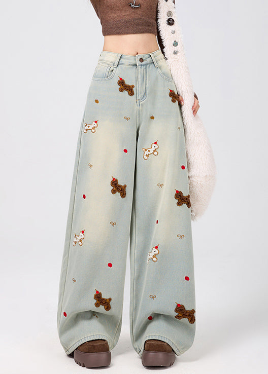 New Light Blue Animal Pockets Warm Fleece Denim Wide Leg Pants Spring