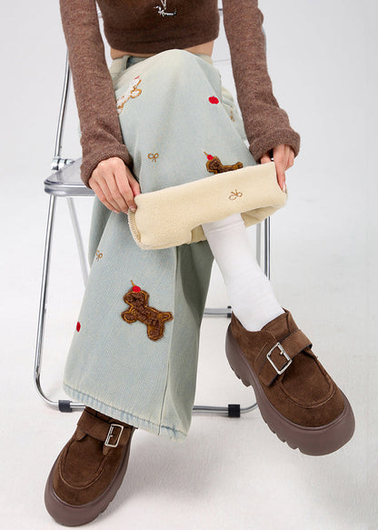 New Light Blue Animal Pockets Warm Fleece Denim Wide Leg Pants Spring