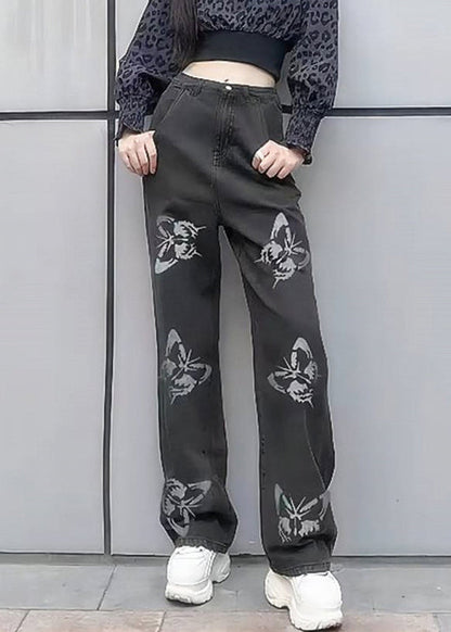 New Light Blue Butterfly Print Patchwork Denim Wide Leg Pants